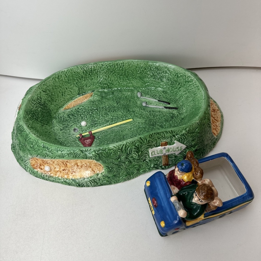 Vintage Party Time Chip Bowl Tray Golf Turf Green Hand Painted Ceramic Golfcart